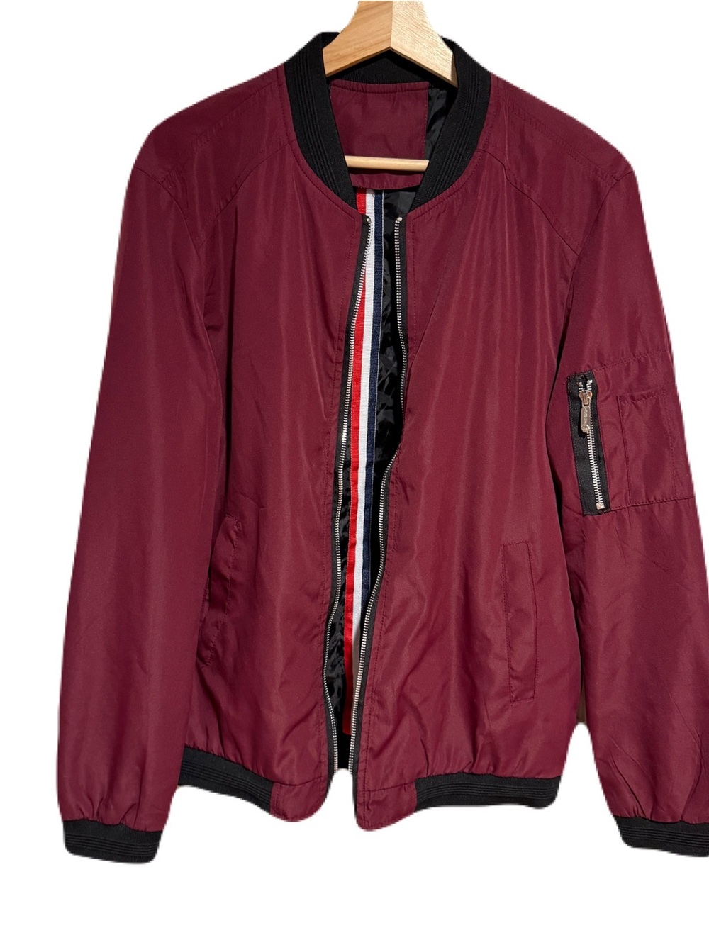 Amazon Men's Burgundy Bomber Jacket with Black Trim
